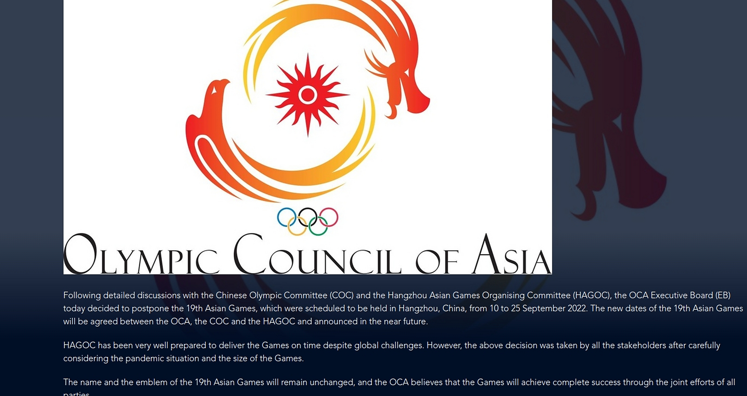 亚洲体育理事会宣布延期举办2022年亚运会 亚洲体育理事会宣布延期举办2022年亚运会